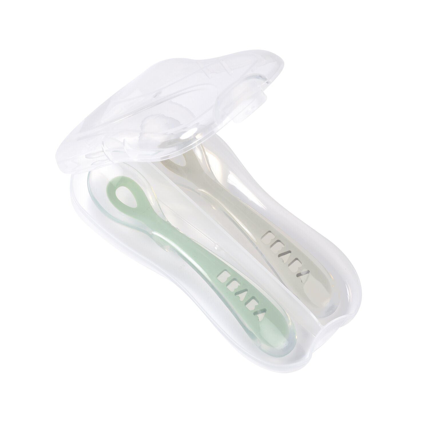 Lot 2 cuillères 2ème âge silicone avec boite de transport