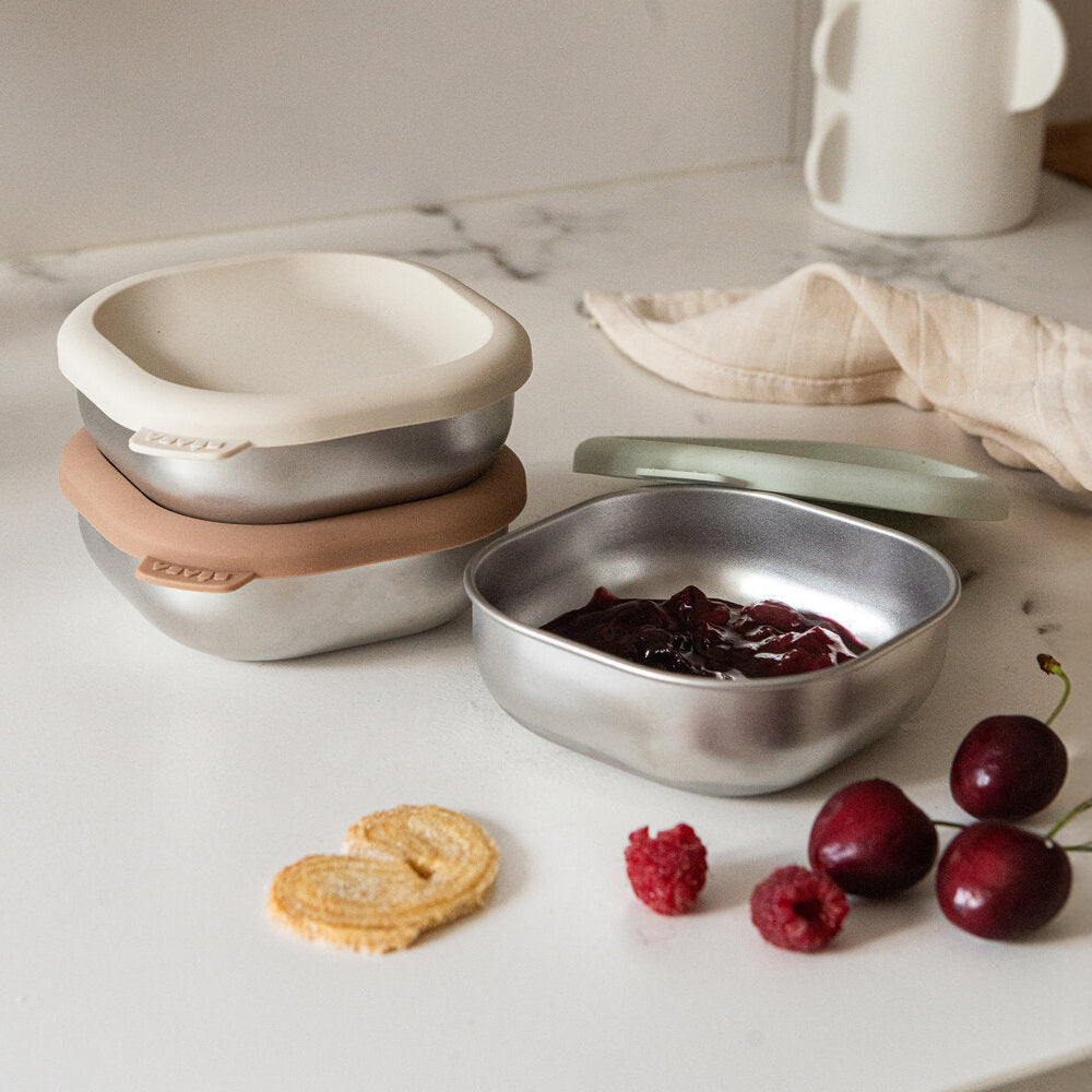 Beaba Microwave-Safe Stainless Steel Baby Bowls with Lid Set of 3