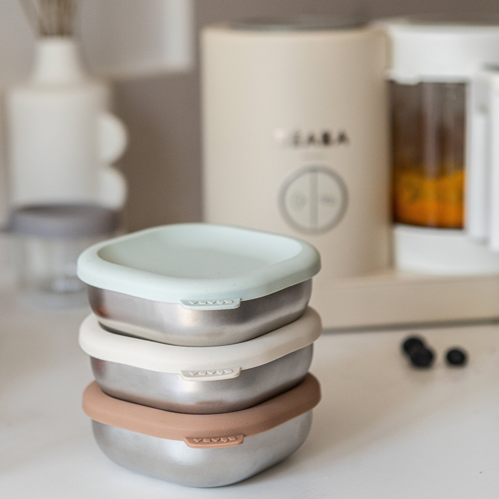 Beaba Microwave-Safe Stainless Steel Baby Bowls with Lid Set of 3